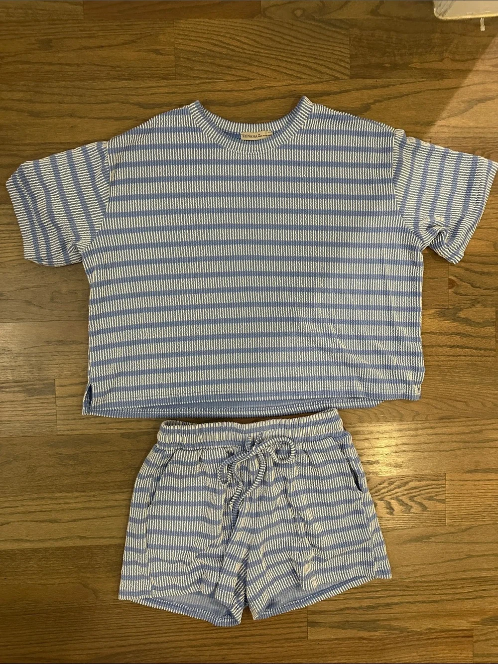 Zenana Women’s Light Blue & White Striped Lounge Set - Short Sleeve Top & Shorts